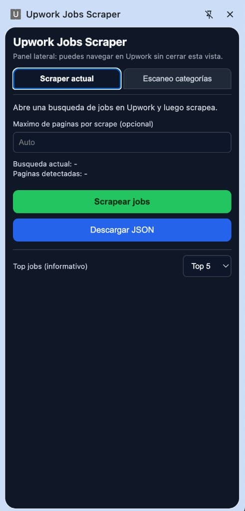 Upwork Jobs Scraper: pestaña Scraper actual, límite de páginas y acciones de scrape y descarga JSON