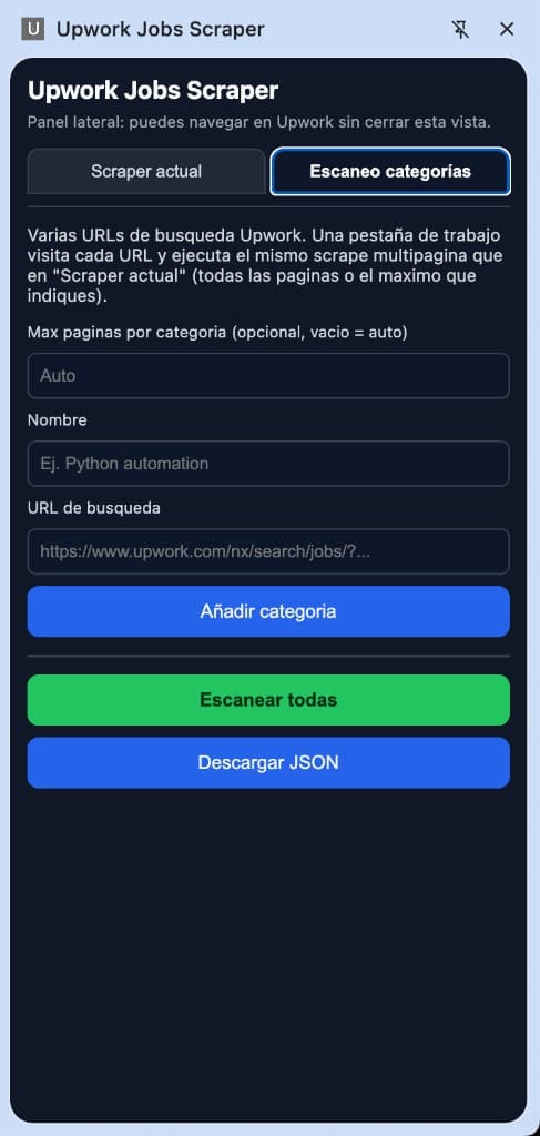 Upwork Jobs Scraper: pestaña Escaneo categorías con URLs y escanear todas